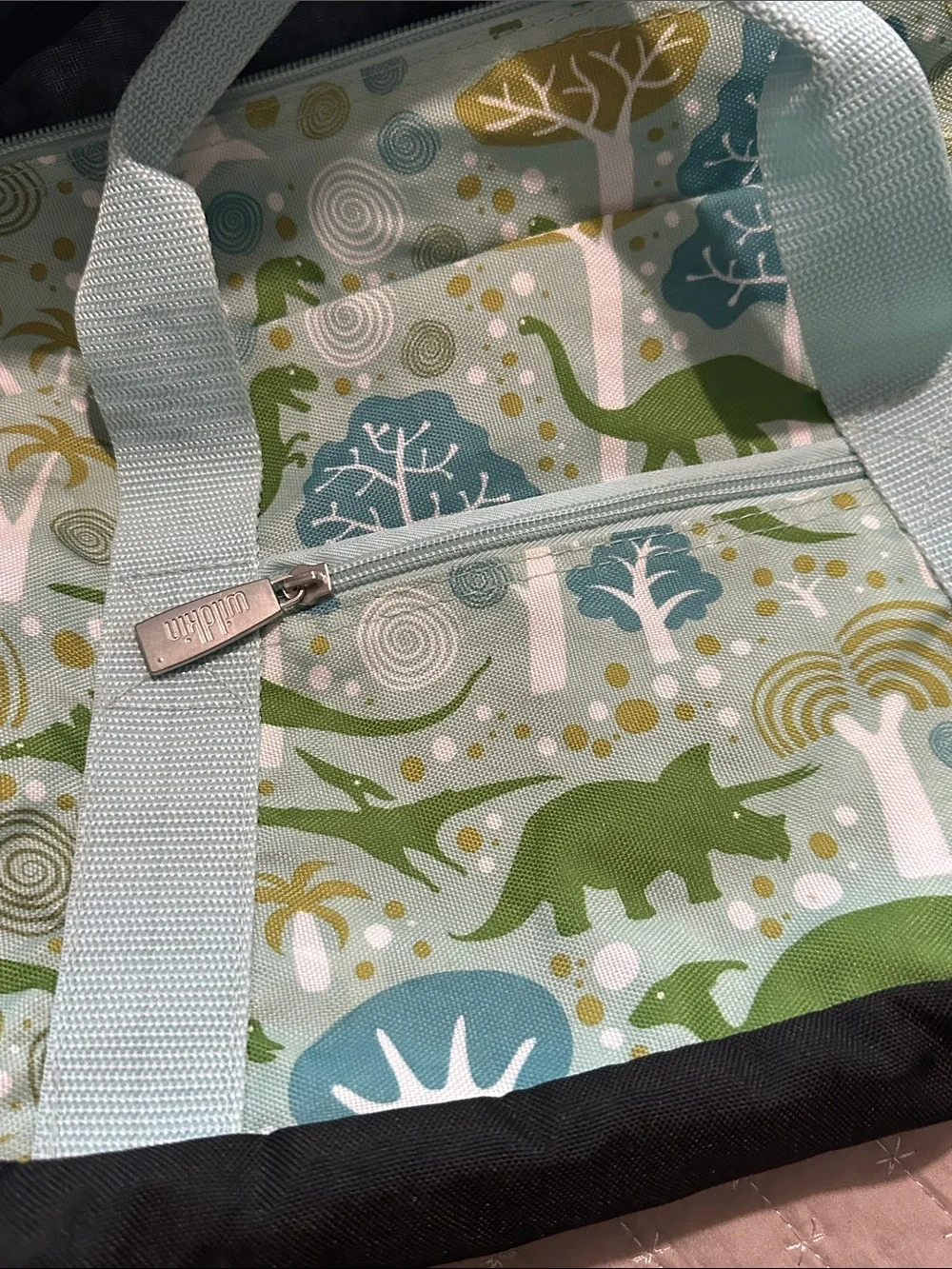 Kids Dino Print Duffle Bag in Mint and Green